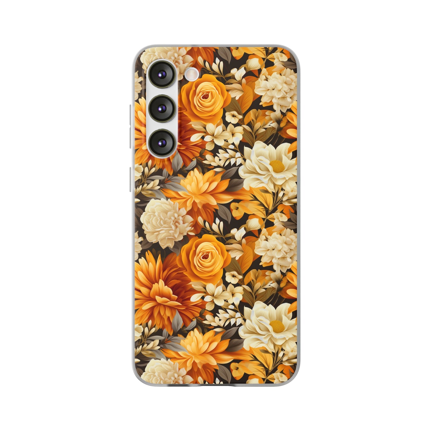 Autumnal Romance: Golden and White Blossoms on Black - Flexible Phone Case