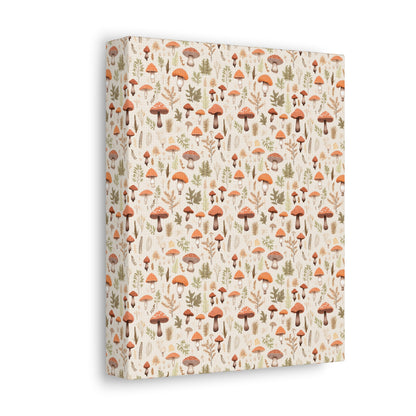 Mushroom Haven: Autumnal Tones Botanical Illustration - Satin Canvas, Stretched