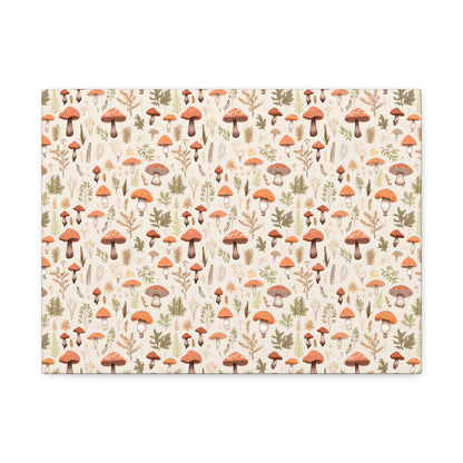 Mushroom Haven: Autumnal Tones Botanical Illustration - Satin Canvas, Stretched