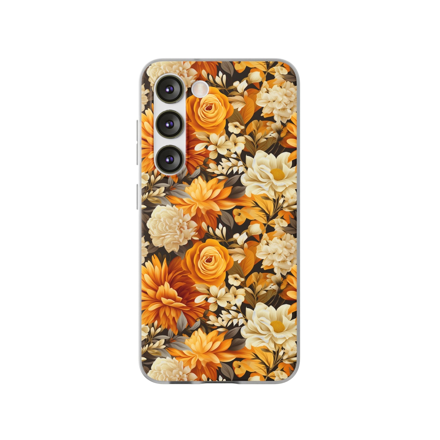 Autumnal Romance: Golden and White Blossoms on Black - Flexible Phone Case