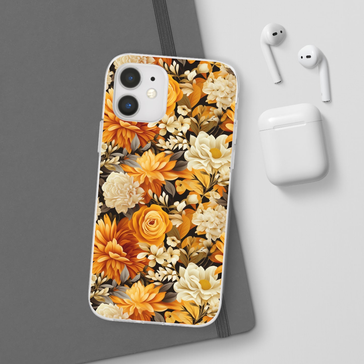 Autumnal Romance: Golden and White Blossoms on Black - Flexible Phone Case