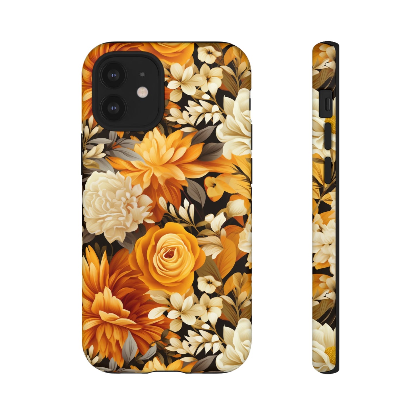 Autumnal Romance: Golden and White Blossoms on Black - Tough Phone Case