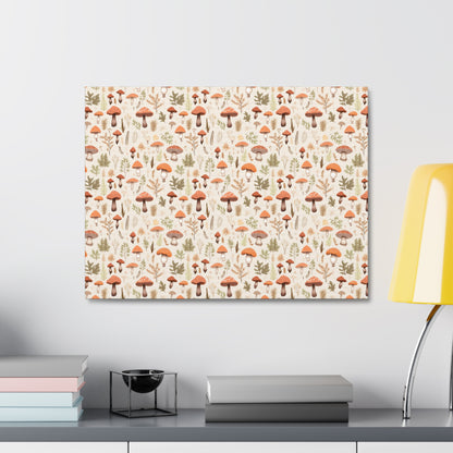 Mushroom Haven: Autumnal Tones Botanical Illustration - Satin Canvas, Stretched