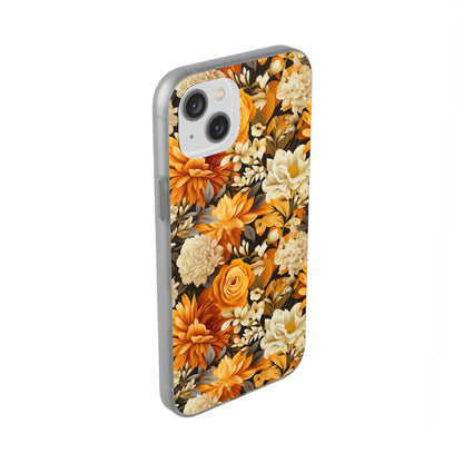 Autumnal Romance: Golden and White Blossoms on Black - Flexible Phone Case