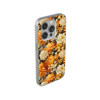 Autumnal Romance: Golden and White Blossoms on Black - Flexible Phone Case