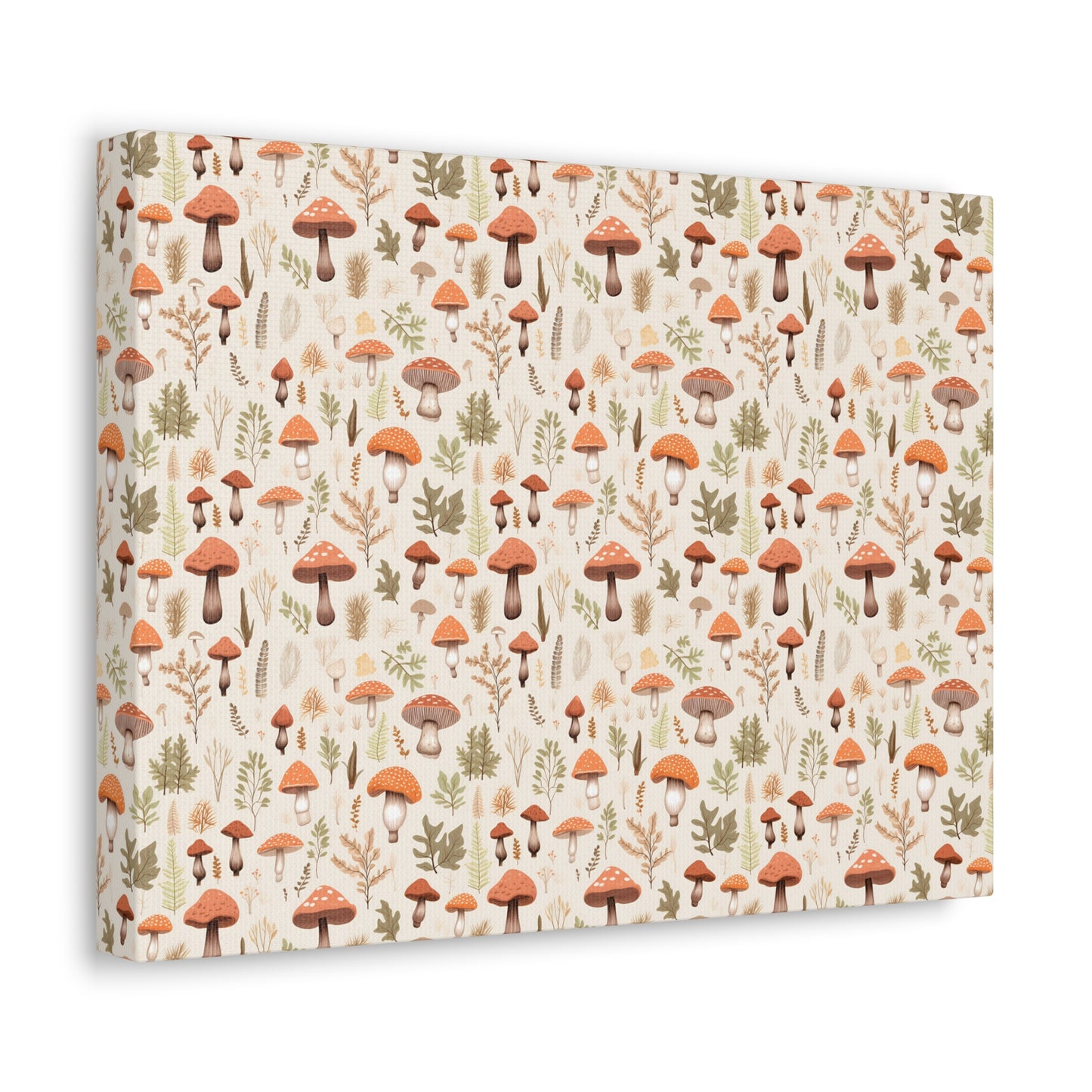 Mushroom Haven: Autumnal Tones Botanical Illustration - Satin Canvas, Stretched