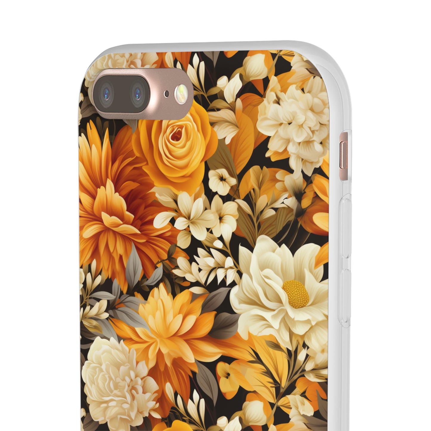 Autumnal Romance: Golden and White Blossoms on Black - Flexible Phone Case