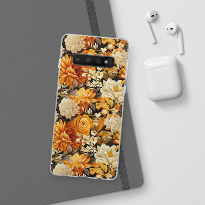 Autumnal Romance: Golden and White Blossoms on Black - Flexible Phone Case