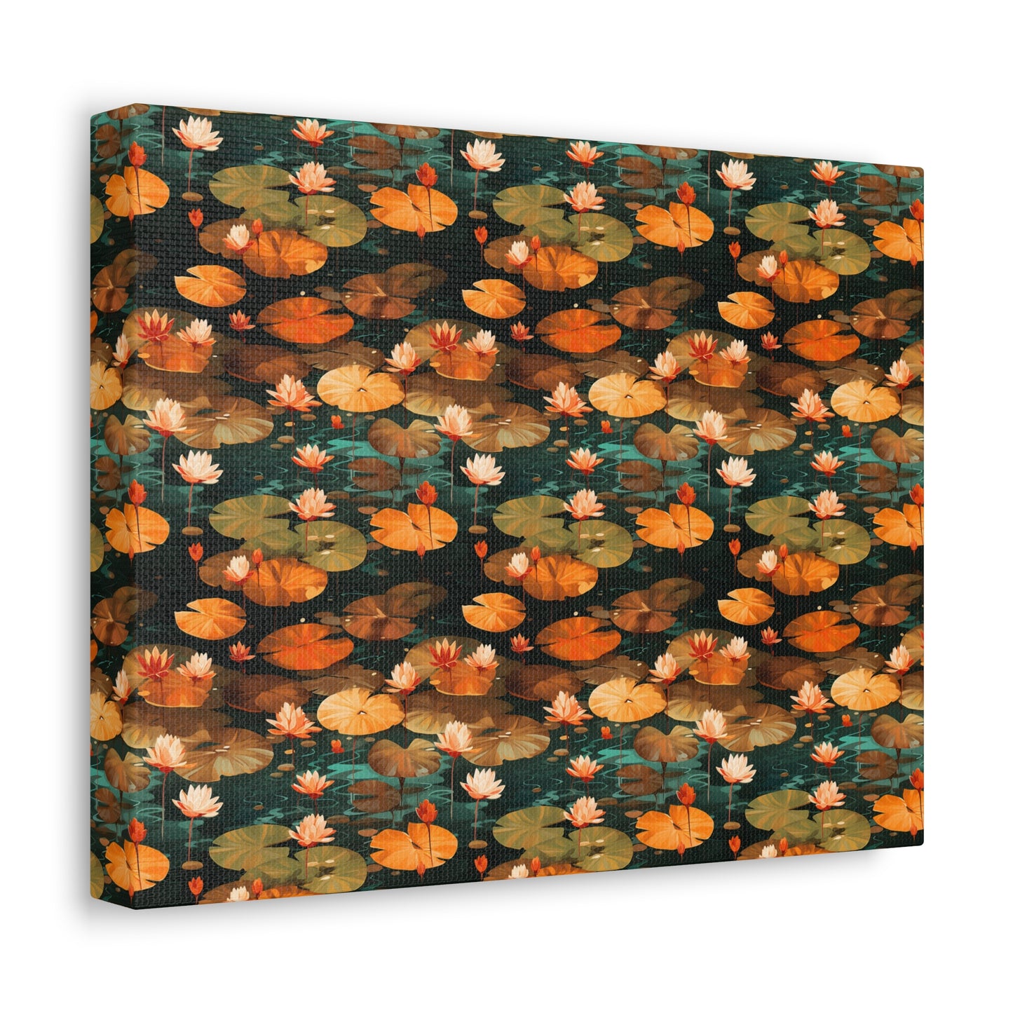 Orange Lotus Whisper: Autumn on the Water - Satin Canvas, Stretched