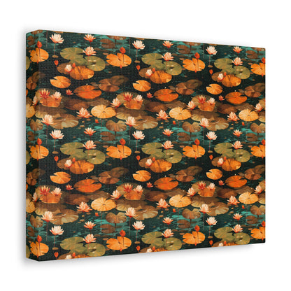 Orange Lotus Whisper: Autumn on the Water - Satin Canvas, Stretched