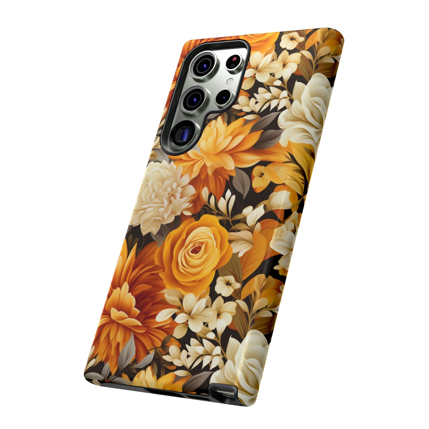 Autumnal Romance: Golden and White Blossoms on Black - Tough Phone Case