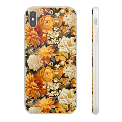 Autumnal Romance: Golden and White Blossoms on Black - Flexible Phone Case