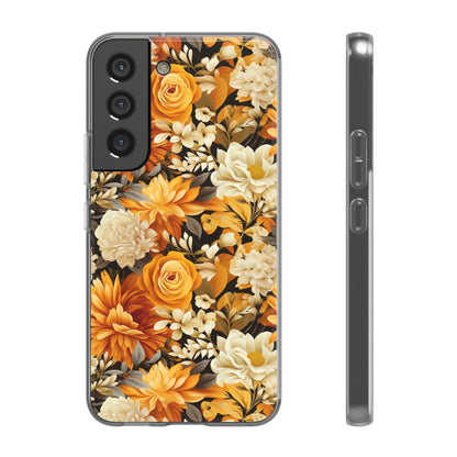 Autumnal Romance: Golden and White Blossoms on Black - Flexible Phone Case