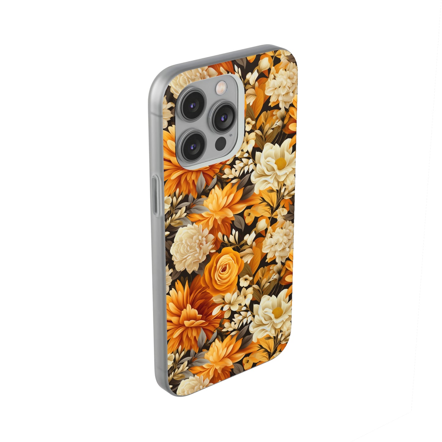 Autumnal Romance: Golden and White Blossoms on Black - Flexible Phone Case