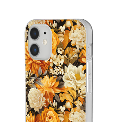 Autumnal Romance: Golden and White Blossoms on Black - Flexible Phone Case