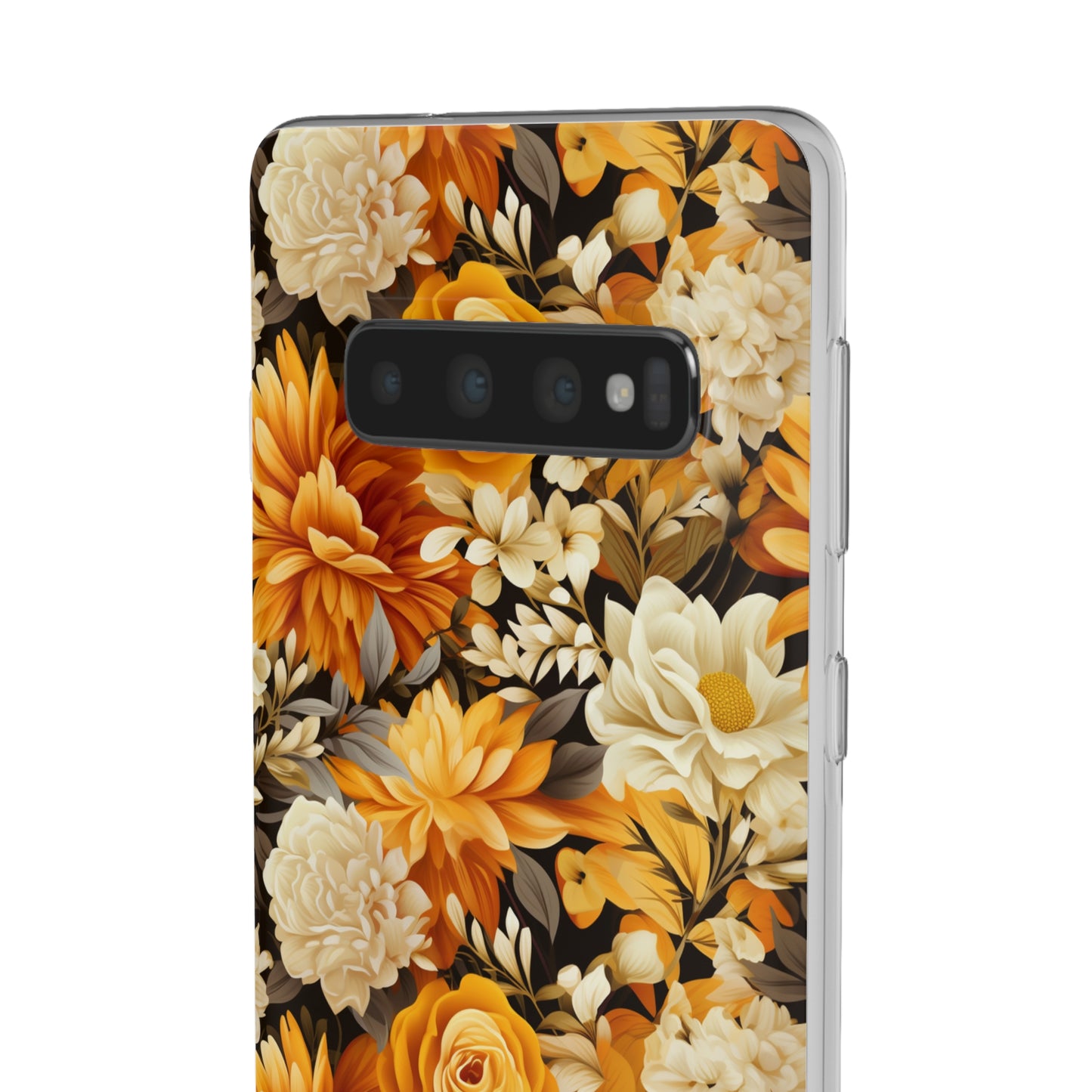 Autumnal Romance: Golden and White Blossoms on Black - Flexible Phone Case