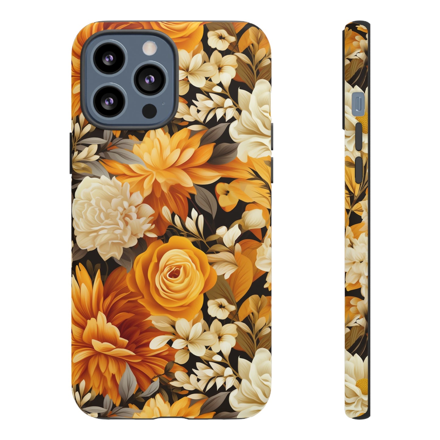 Autumnal Romance: Golden and White Blossoms on Black - Tough Phone Case