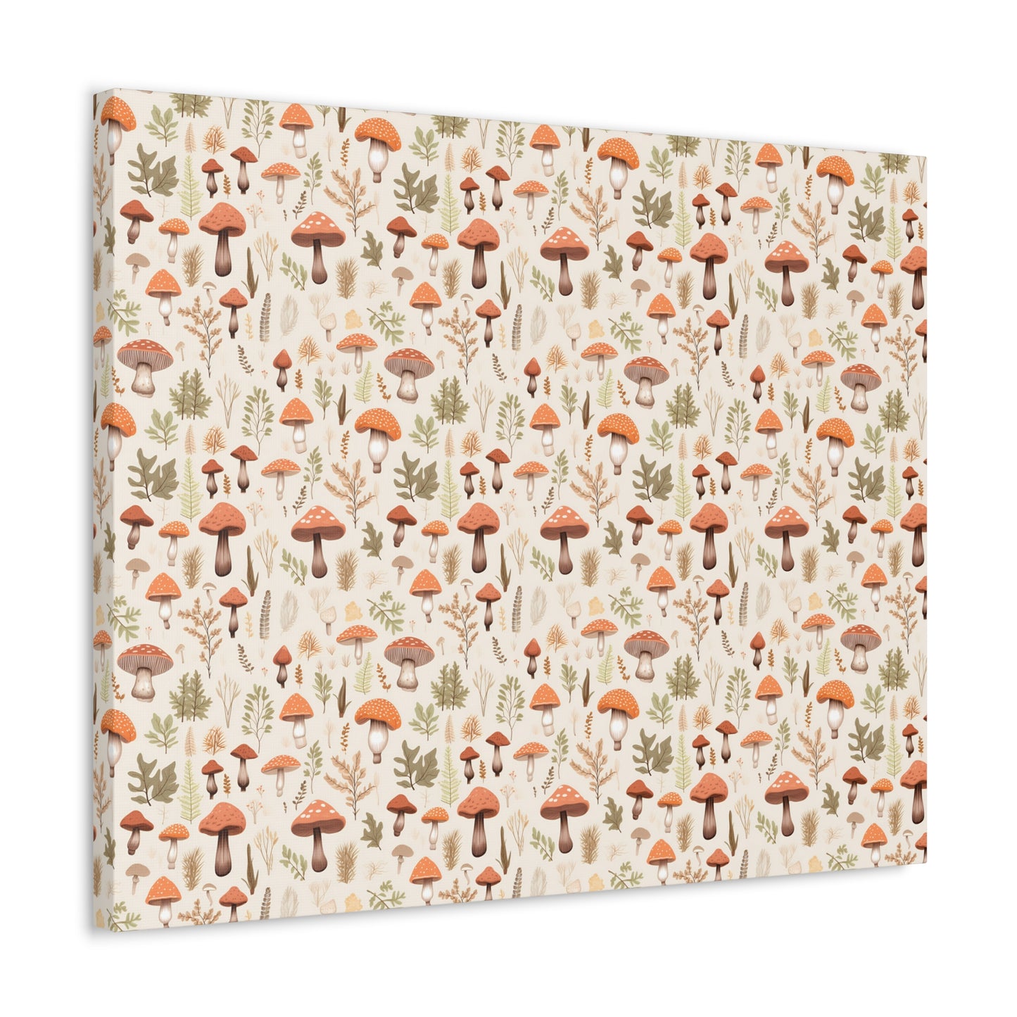 Mushroom Haven: Autumnal Tones Botanical Illustration - Satin Canvas, Stretched