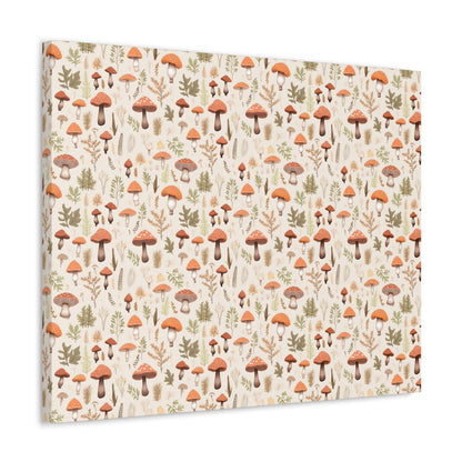 Mushroom Haven: Autumnal Tones Botanical Illustration - Satin Canvas, Stretched