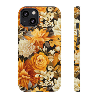 Autumnal Romance: Golden and White Blossoms on Black - Tough Phone Case