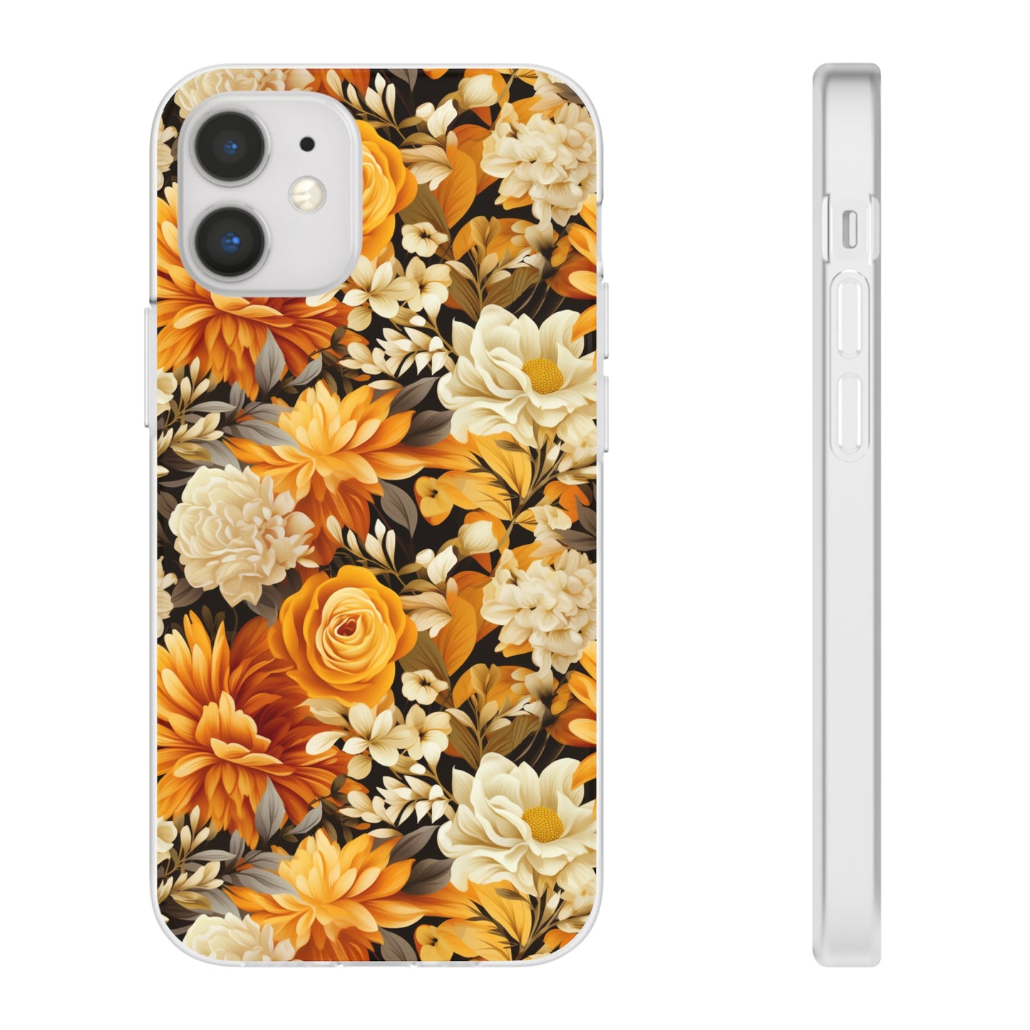 Autumnal Romance: Golden and White Blossoms on Black - Flexible Phone Case