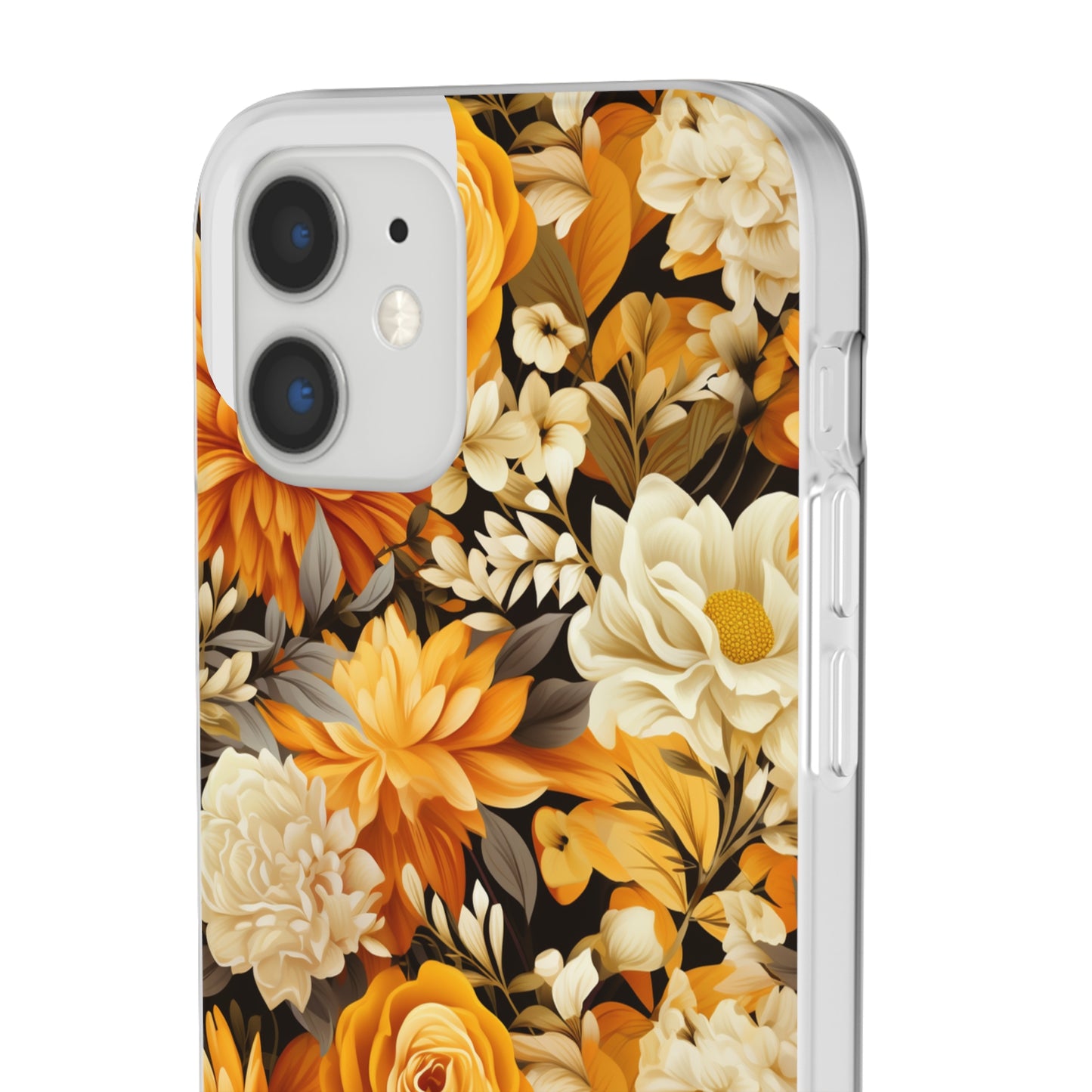 Autumnal Romance: Golden and White Blossoms on Black - Flexible Phone Case