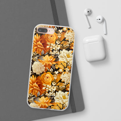 Autumnal Romance: Golden and White Blossoms on Black - Flexible Phone Case