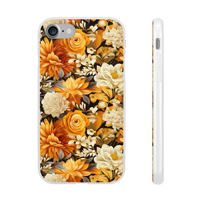 Autumnal Romance: Golden and White Blossoms on Black - Flexible Phone Case