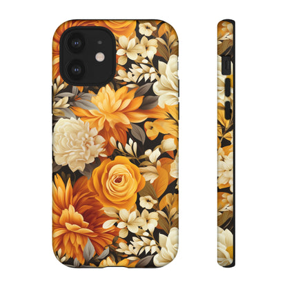 Autumnal Romance: Golden and White Blossoms on Black - Tough Phone Case