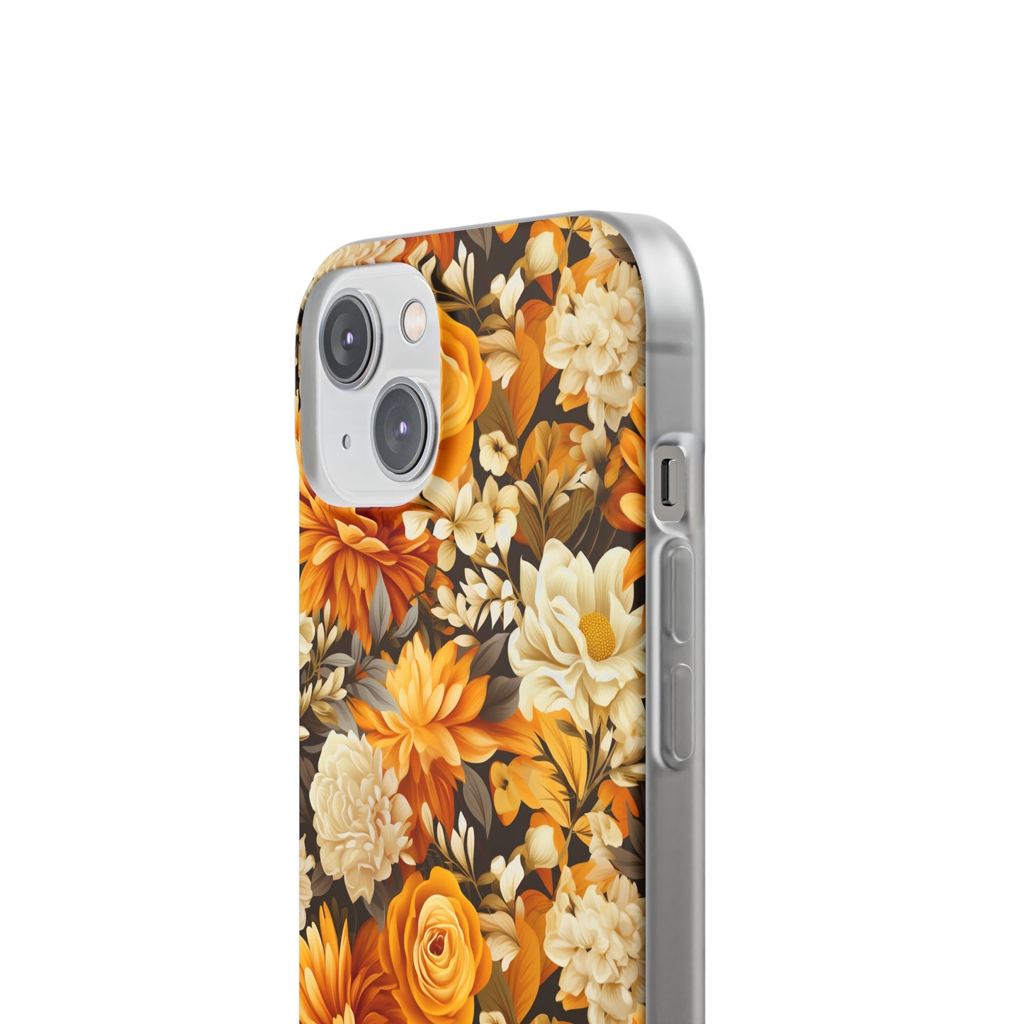 Autumnal Romance: Golden and White Blossoms on Black - Flexible Phone Case