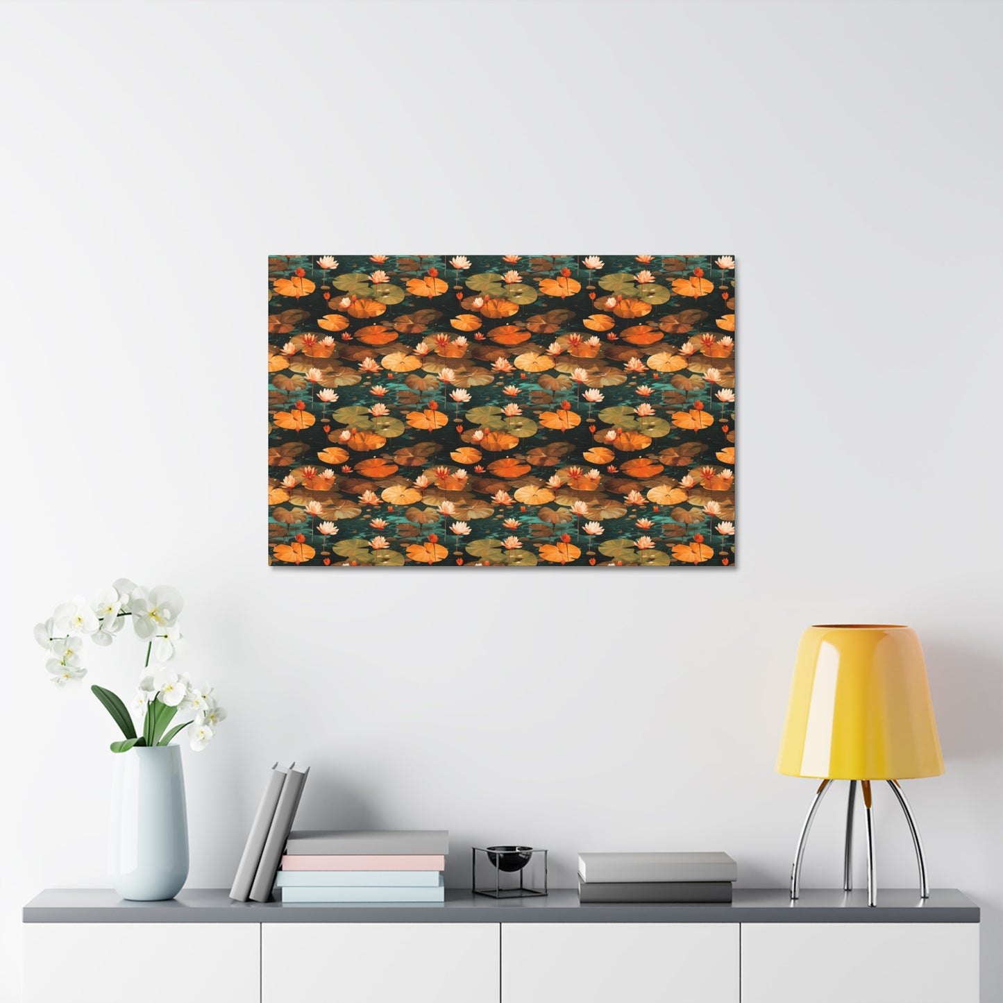 Orange Lotus Whisper: Autumn on the Water - Satin Canvas, Stretched