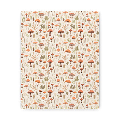 Mushroom Haven: Autumnal Tones Botanical Illustration - Satin Canvas, Stretched