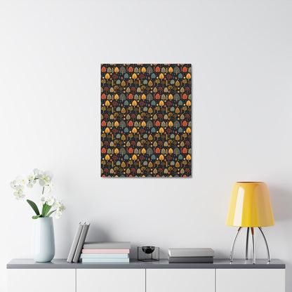 Mid-Century Mosaic: Dappled Leaves and Folk Imagery - Satin Canvas, Stretched