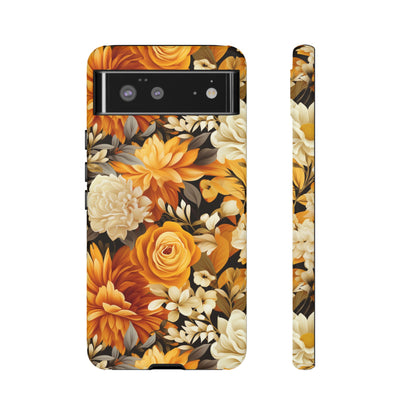 Autumnal Romance: Golden and White Blossoms on Black - Tough Phone Case