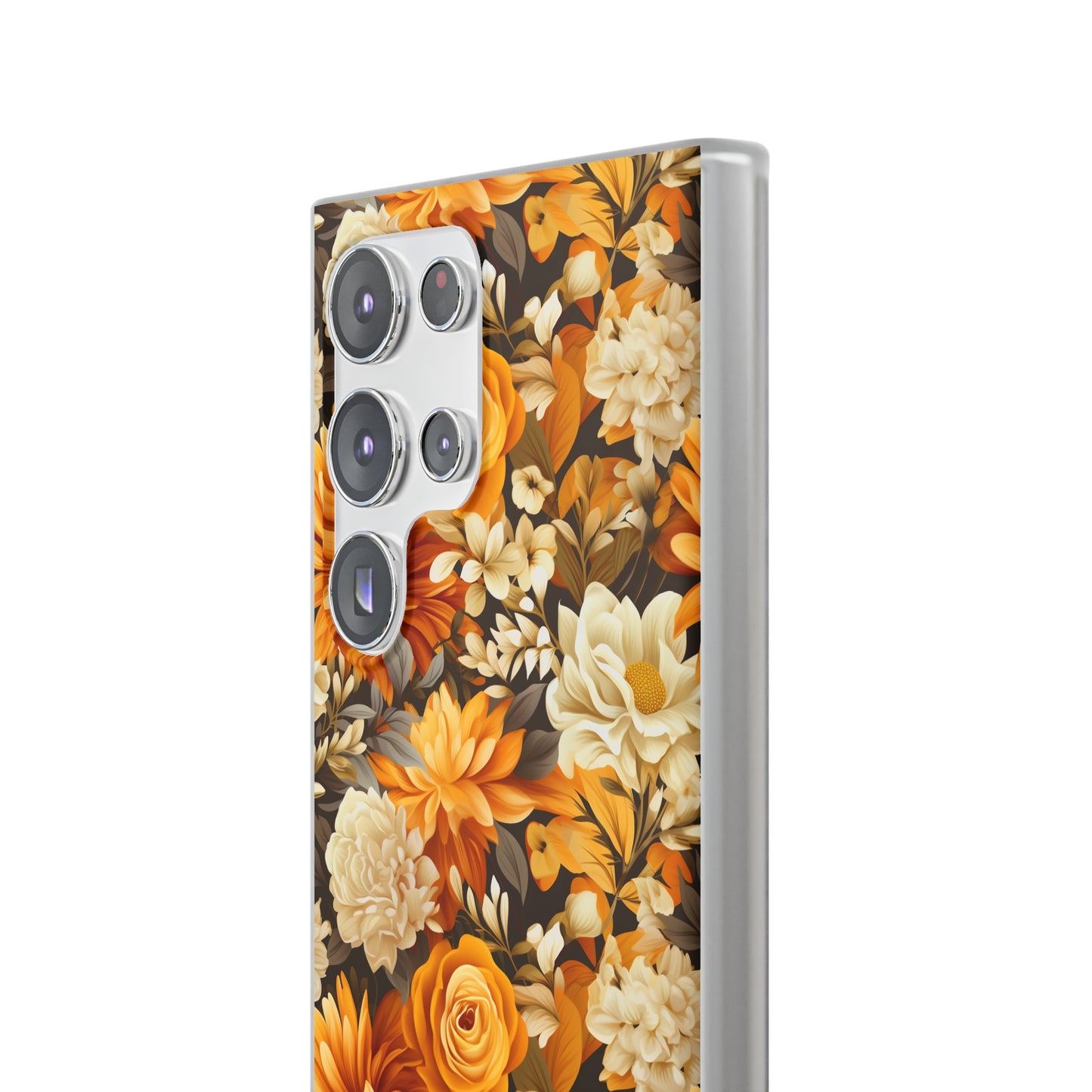 Autumnal Romance: Golden and White Blossoms on Black - Flexible Phone Case