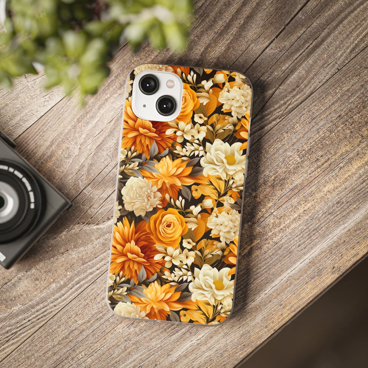 Autumnal Romance: Golden and White Blossoms on Black - Flexible Phone Case