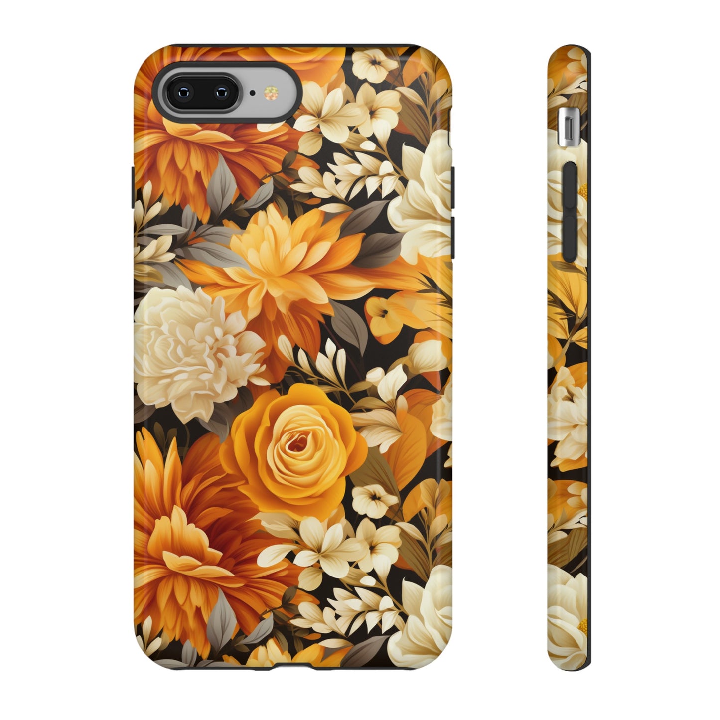 Autumnal Romance: Golden and White Blossoms on Black - Tough Phone Case