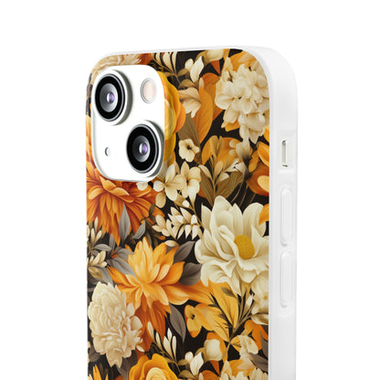 Autumnal Romance: Golden and White Blossoms on Black - Flexible Phone Case