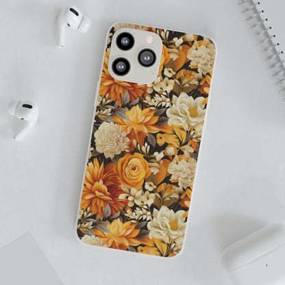 Autumnal Romance: Golden and White Blossoms on Black - Flexible Phone Case