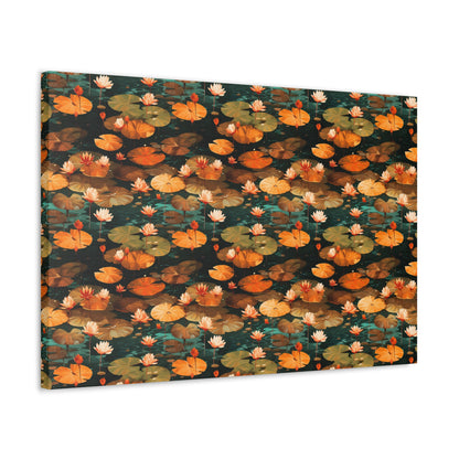 Orange Lotus Whisper: Autumn on the Water - Satin Canvas, Stretched