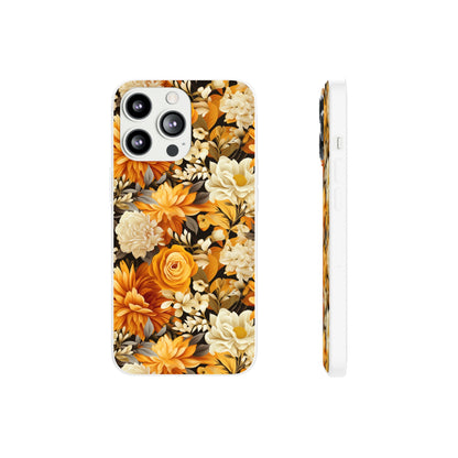 Autumnal Romance: Golden and White Blossoms on Black - Flexible Phone Case