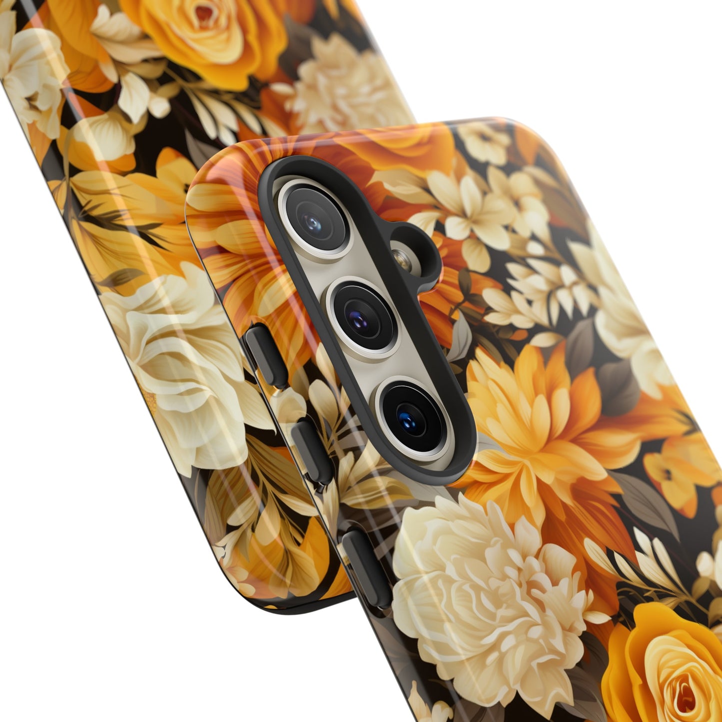 Autumnal Romance: Golden and White Blossoms on Black - Tough Phone Case