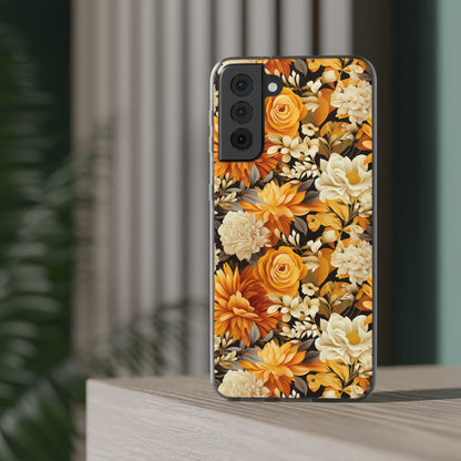 Autumnal Romance: Golden and White Blossoms on Black - Flexible Phone Case