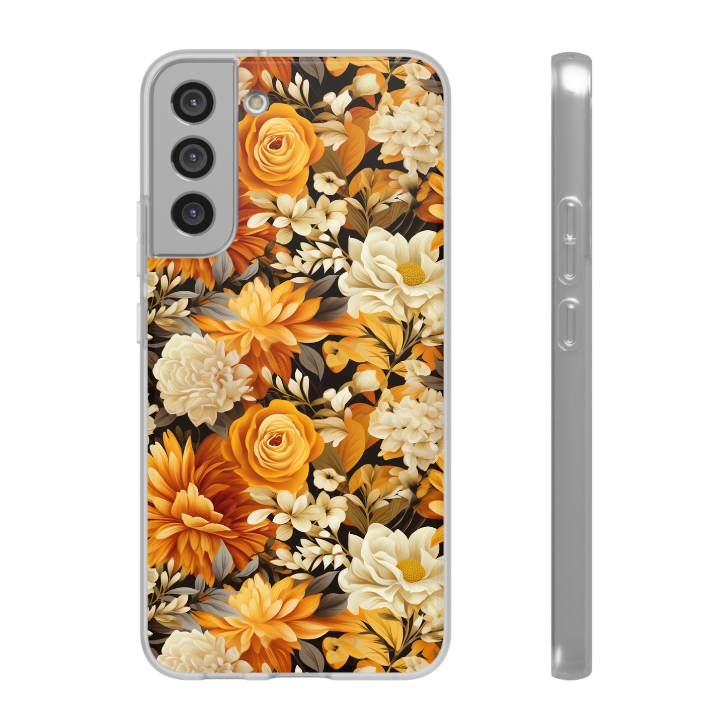 Autumnal Romance: Golden and White Blossoms on Black - Flexible Phone Case