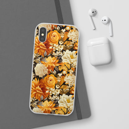 Autumnal Romance: Golden and White Blossoms on Black - Flexible Phone Case