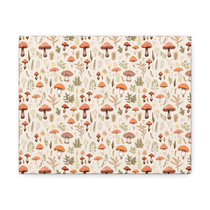 Mushroom Haven: Autumnal Tones Botanical Illustration - Satin Canvas, Stretched