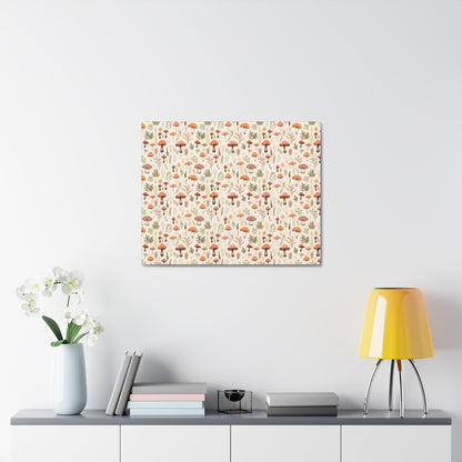 Mushroom Haven: Autumnal Tones Botanical Illustration - Satin Canvas, Stretched