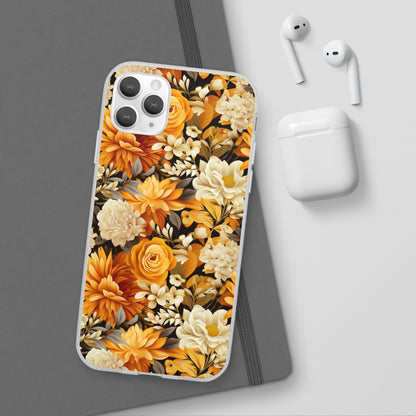 Autumnal Romance: Golden and White Blossoms on Black - Flexible Phone Case