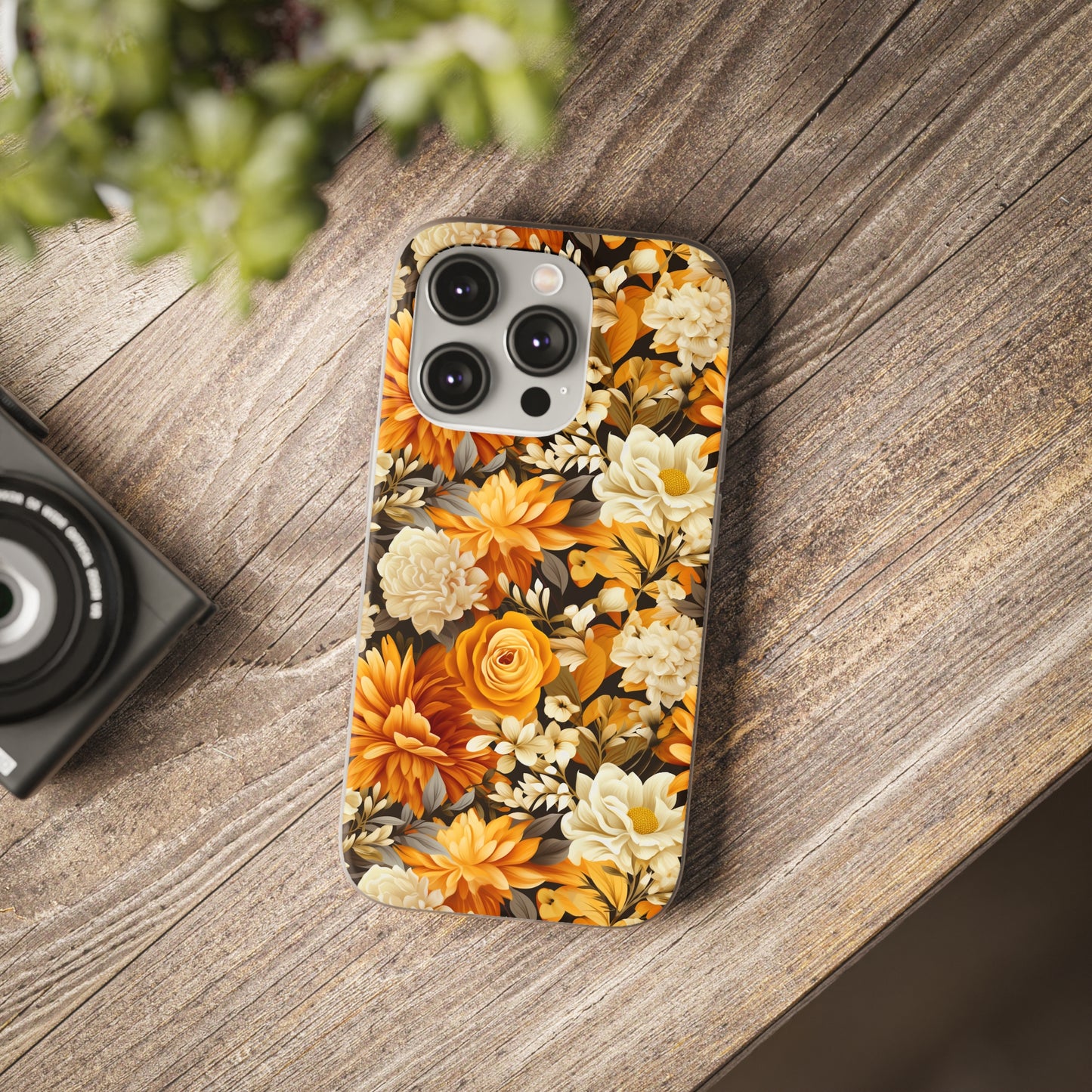 Autumnal Romance: Golden and White Blossoms on Black - Flexible Phone Case