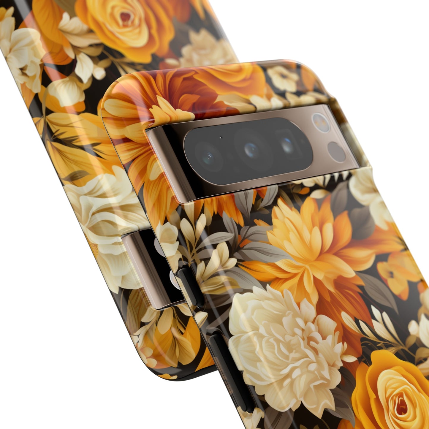 Autumnal Romance: Golden and White Blossoms on Black - Tough Phone Case